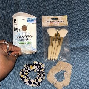 Sheer Energy Pantyhose and Cosmetic Brushes Set with Scrunchies